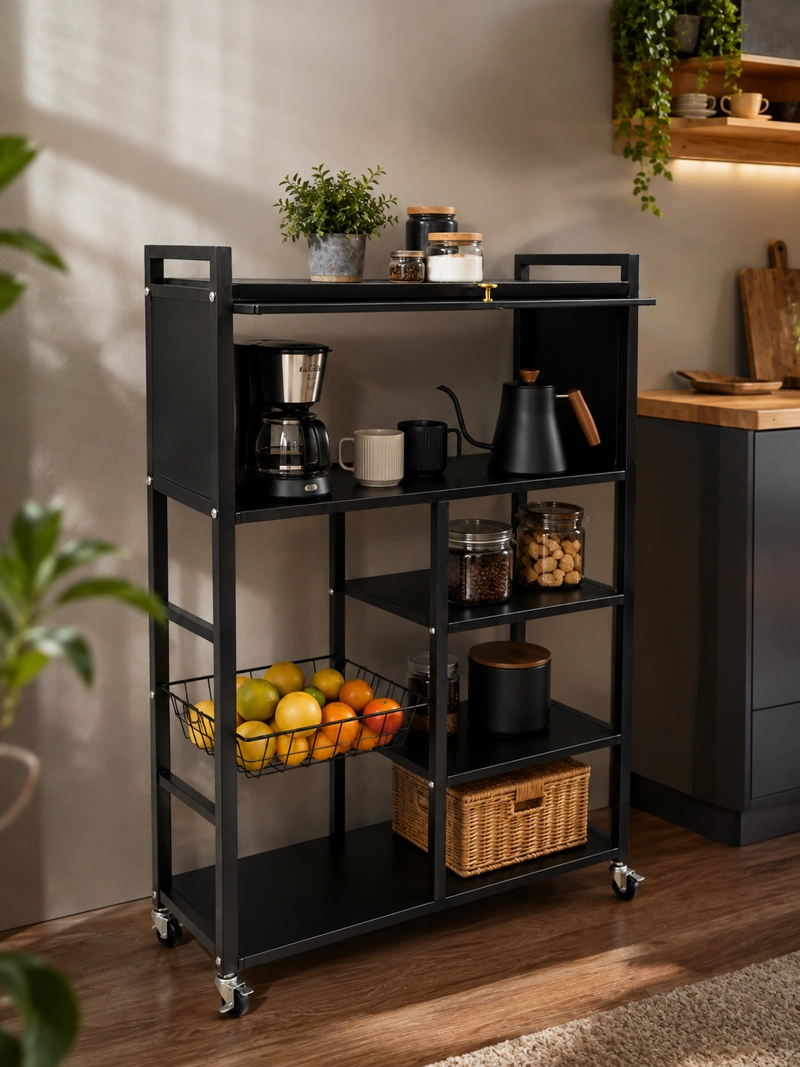 ESTANTE ORGANIZADOR MULTIUSO DE COCINA CON GABINETE Y RUEDAS COLOR NEGRO - 5
