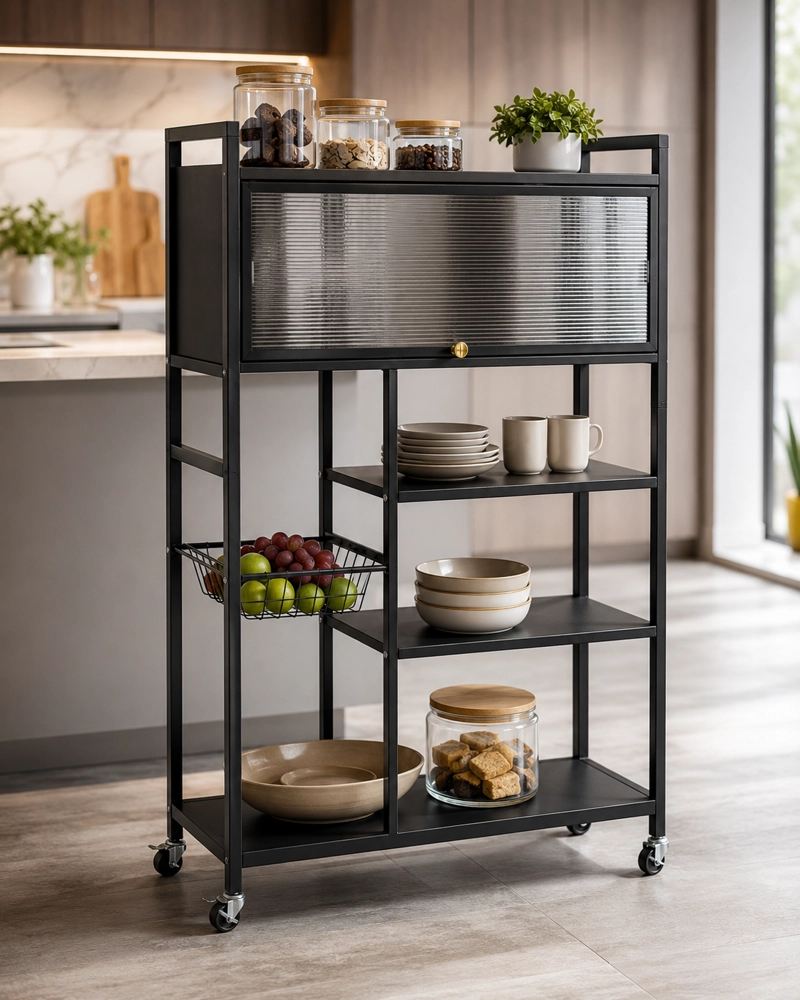 ESTANTE ORGANIZADOR MULTIUSO DE COCINA CON GABINETE Y RUEDAS COLOR NEGRO - 6