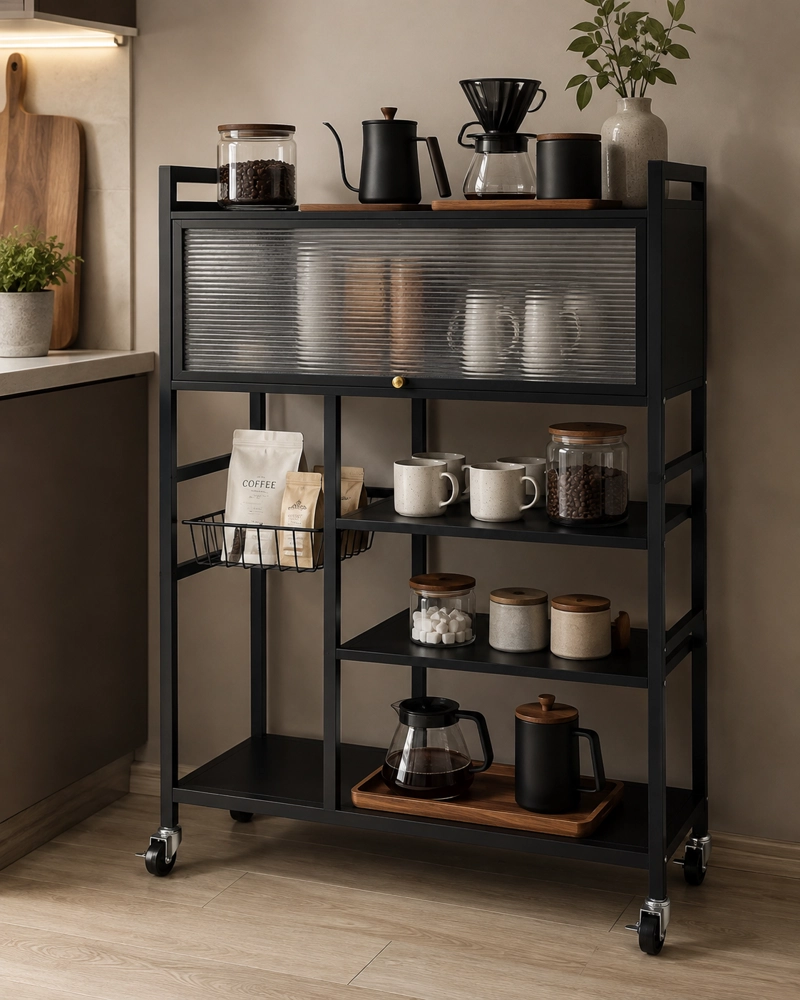 ESTANTE ORGANIZADOR MULTIUSO DE COCINA CON GABINETE Y RUEDAS COLOR NEGRO - 7