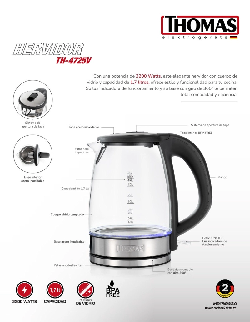 HERVIDOR ELE CTRICO DE VIDRIO THOMAS TH-4725V 1,7 LITROS 2200W TETERA JARRO NEGRO - 11