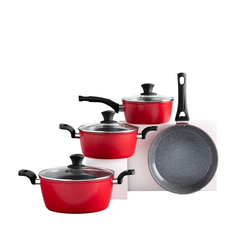 BATERIA DE COCINA THOMAS TH-MB07RN 7 PIEZAS SET OLLAS Y SARTE N ANTIADHERENTE ROJO MATE - 1