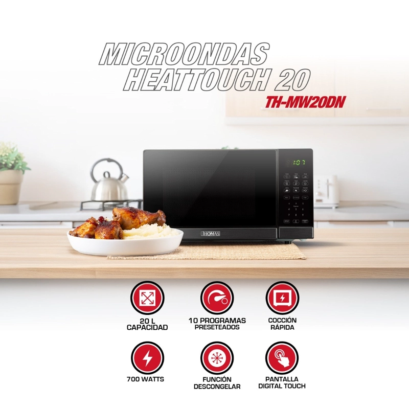 MICROONDAS DIGITAL THOMAS TH-MW20DN 20 LITROS 700W PANTALLA TOUCH 10 NIVELES NEGRO - 2