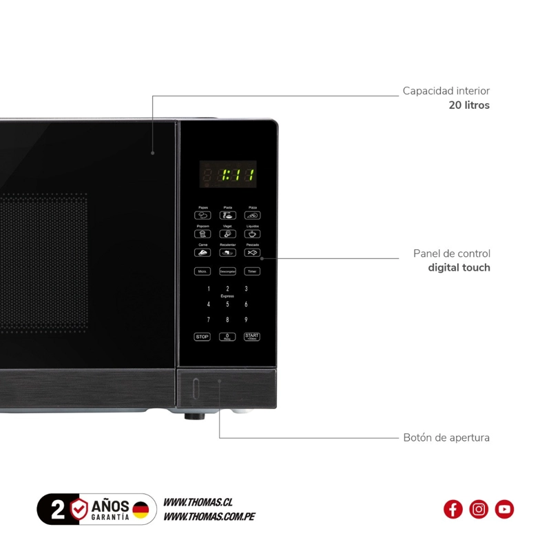 MICROONDAS DIGITAL THOMAS TH-MW20DN 20 LITROS 700W PANTALLA TOUCH 10 NIVELES NEGRO - 6