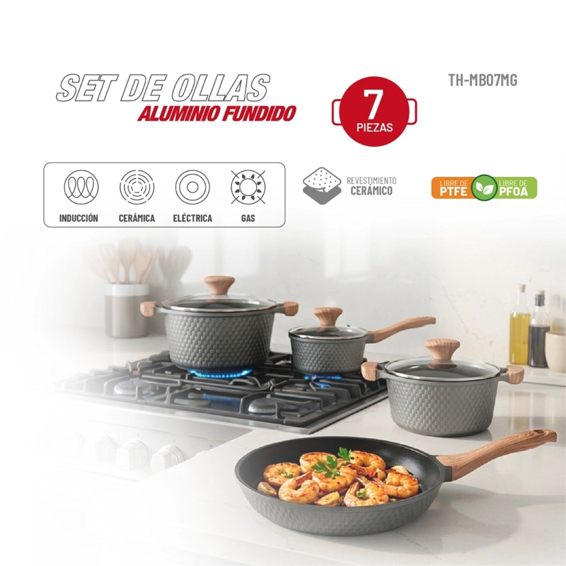 BATERIA DE COCINA THOMAS TH-MB07GM 7 PIEZAS SET OLLAS Y SARTE N EFECTO MARMOL GRIS - 3