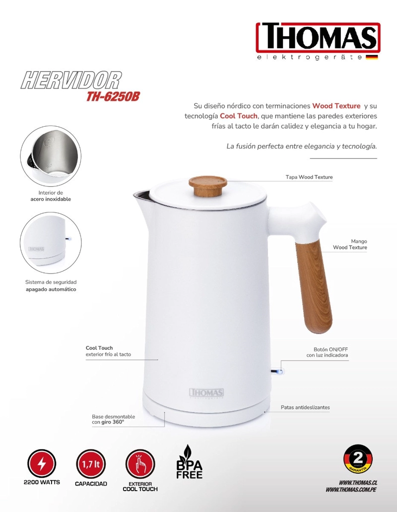 HERVIDOR ELE CTRICO THOMAS TH-6250B COOL TOUCH 1,7 LITROS 2200W TETERA JARRO BLANCO - 12