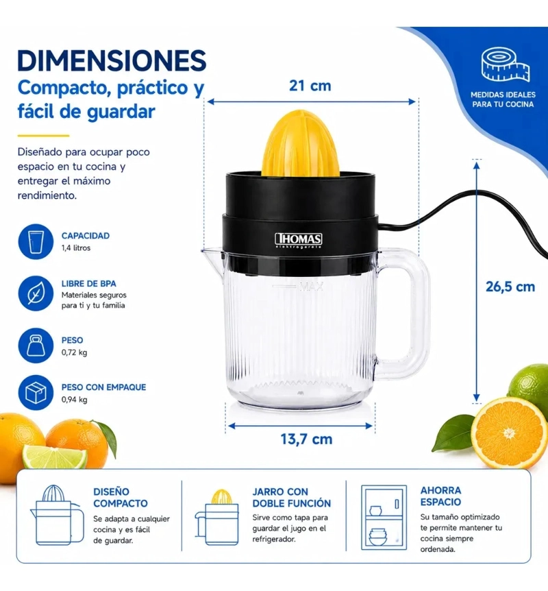 EXPRIMIDOR ELE CTRICO THOMAS TH-1211 2 EN 1 1,4 LITROS 30W CITRICOS DOBLE CONO NEGRO - 13