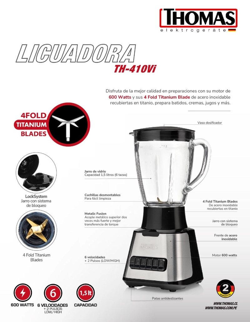 LICUADORA THOMAS TH-410VI 1,5 LITROS 600W JUGUERA VIDRIO 6 VELOCIDADES CUCHILLAS TITANIO - 12