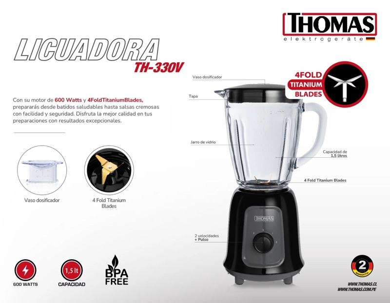 LICUADORA THOMAS TH-330V 1,5 LITROS 600W JUGUERA JARRO DE VIDRIO 2 VELOCIDADES NEGRO - 10