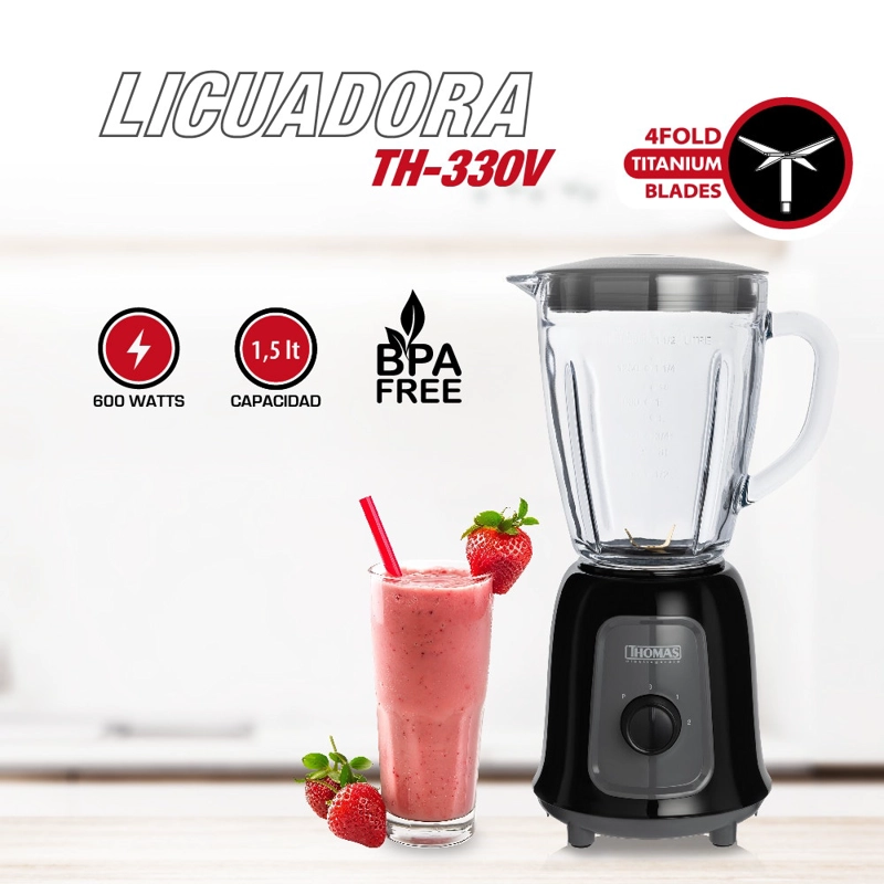 LICUADORA THOMAS TH-330V 1,5 LITROS 600W JUGUERA JARRO DE VIDRIO 2 VELOCIDADES NEGRO - 2