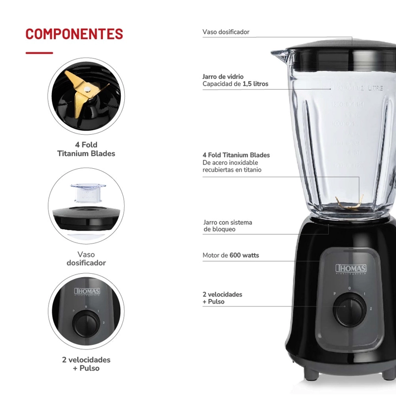 LICUADORA THOMAS TH-330V 1,5 LITROS 600W JUGUERA JARRO DE VIDRIO 2 VELOCIDADES NEGRO - 5