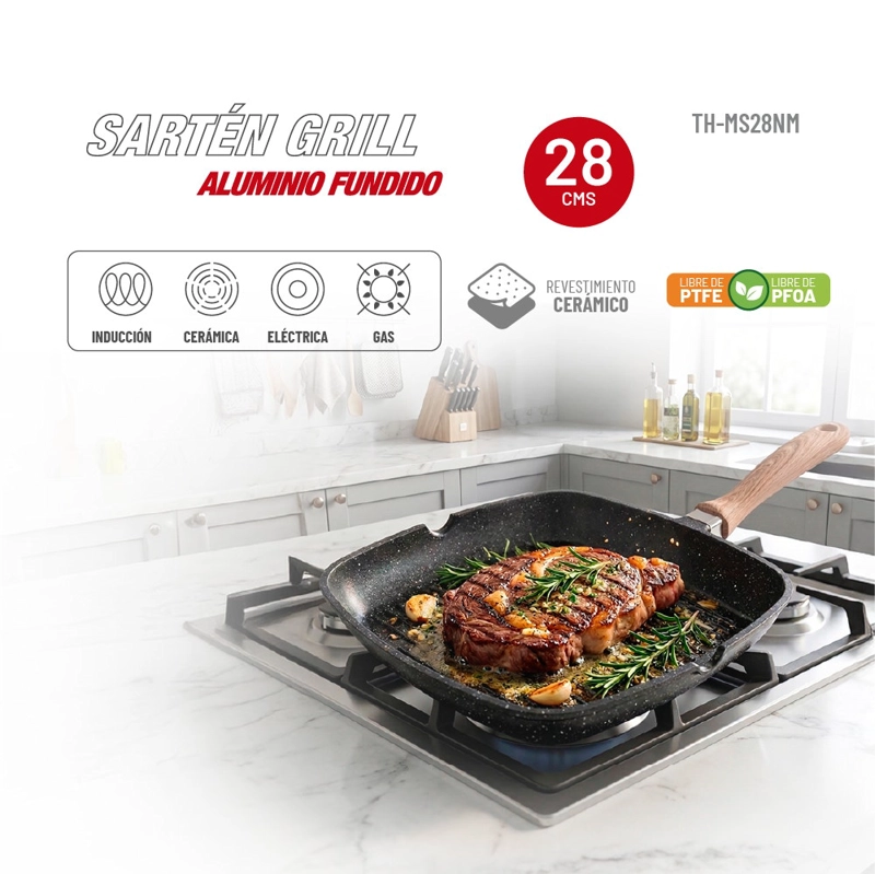 SARTE N GRILL THOMAS TH-MS28NM 28 CM CUADRADO ALUMINIO FUNDIDO PLANCHA PARRILLA ASADOR - 3