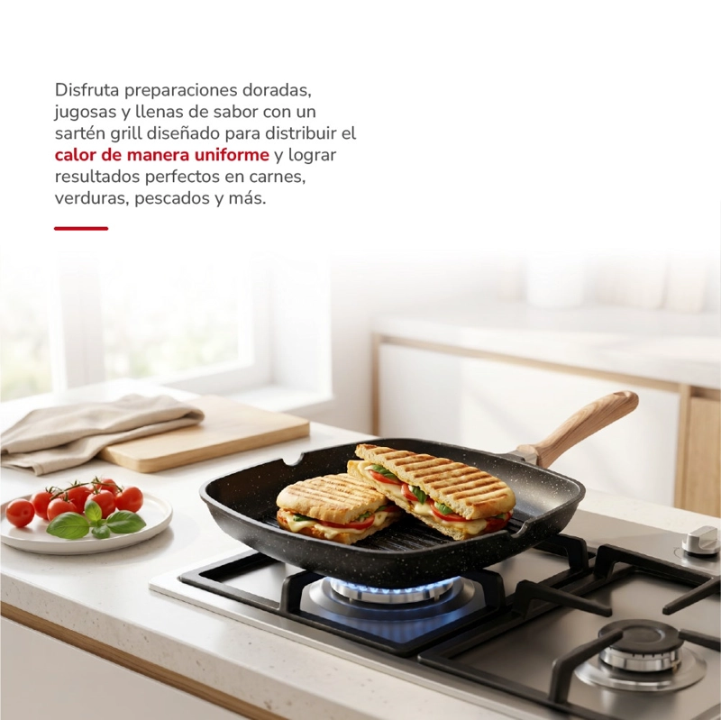 SARTE N GRILL THOMAS TH-MS28NM 28 CM CUADRADO ALUMINIO FUNDIDO PLANCHA PARRILLA ASADOR - 4