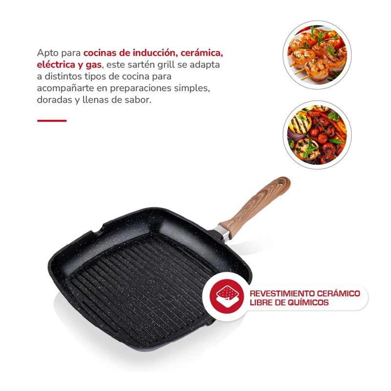 SARTE N GRILL THOMAS TH-MS28NM 28 CM CUADRADO ALUMINIO FUNDIDO PLANCHA PARRILLA ASADOR - 5