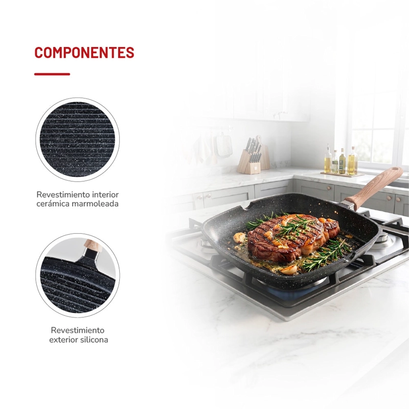 SARTE N GRILL THOMAS TH-MS28NM 28 CM CUADRADO ALUMINIO FUNDIDO PLANCHA PARRILLA ASADOR - 6