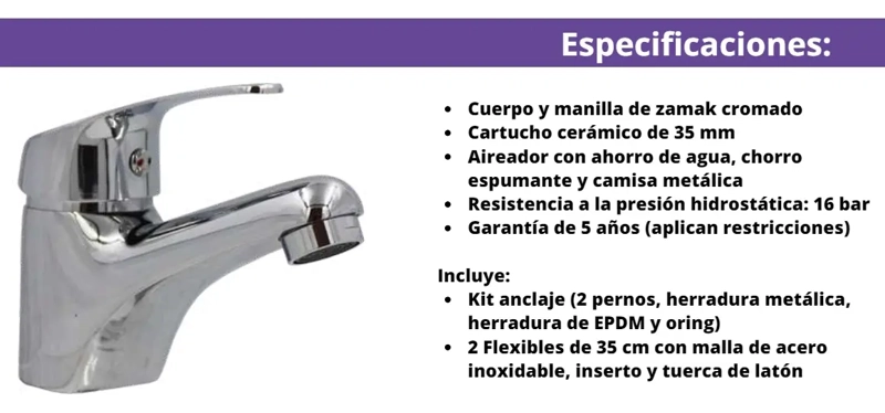 MONOMANDO LLAVE GRIFO LAVAMANOS LAVATORIO MODELO COLOMBA MARCA TAUMM CROMO CARTUCHO CERAMICO 35 MM - 4