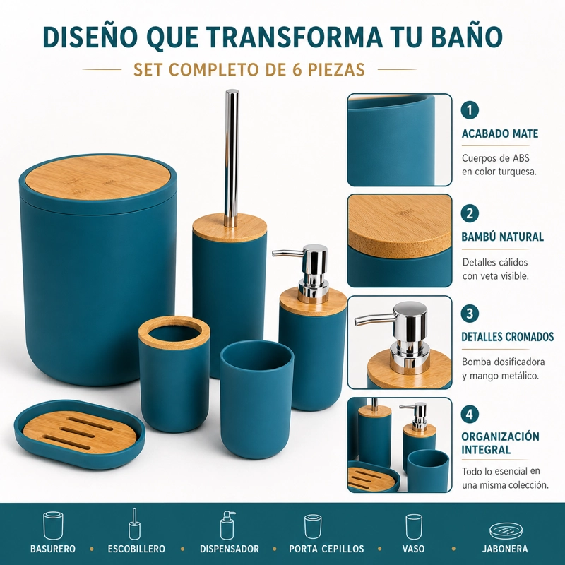 SET DE BAÑO 6 PIEZAS MODERNO CON BAMBU INCLUYE BASURERO Y DISPENSADOR COLOR GRIS - 1
