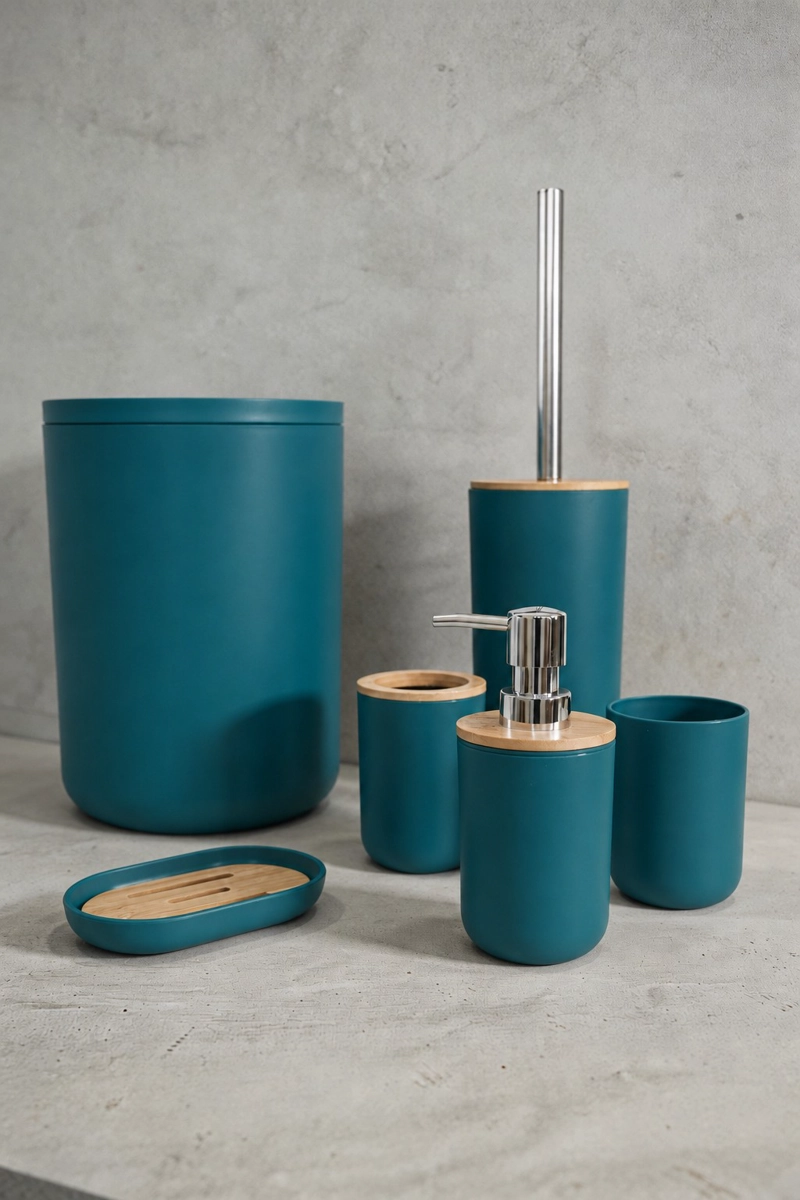 SET DE BAÑO 6 PIEZAS MODERNO CON BAMBU INCLUYE BASURERO Y DISPENSADOR COLOR GRIS - 11