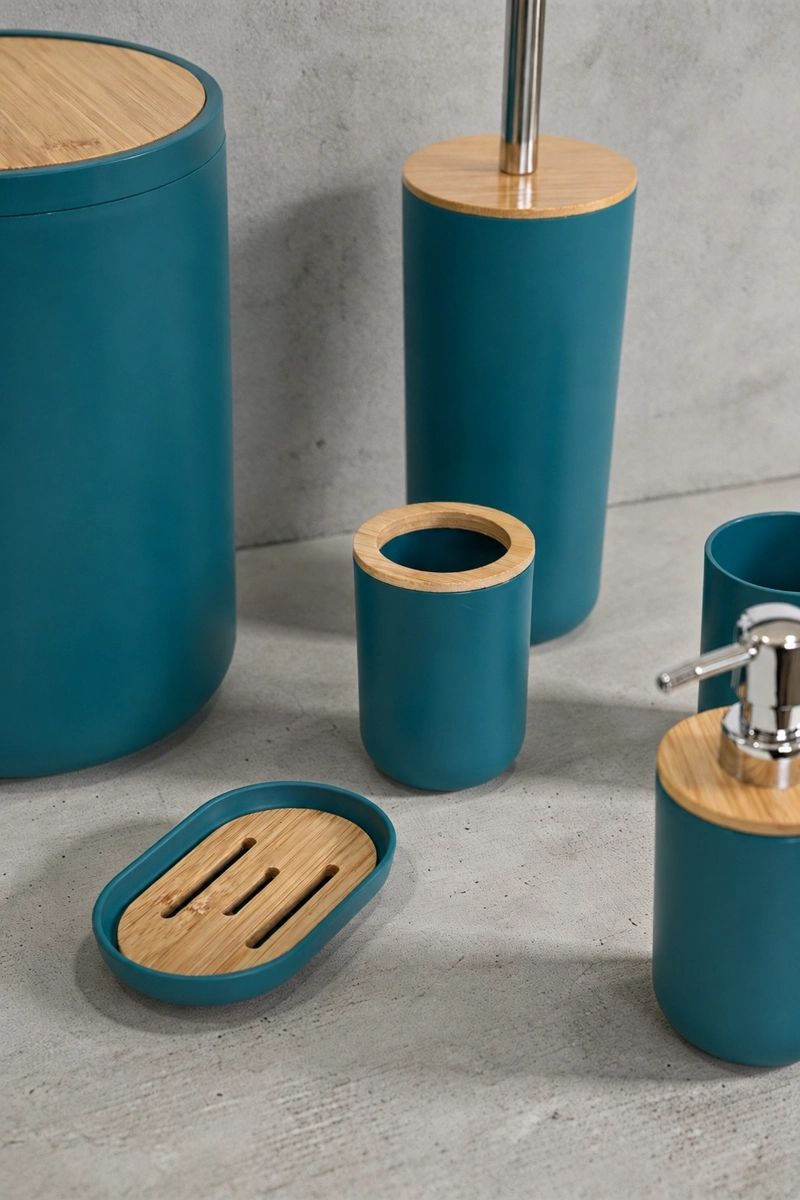 SET DE BAÑO 6 PIEZAS MODERNO CON BAMBU INCLUYE BASURERO Y DISPENSADOR COLOR GRIS - 12