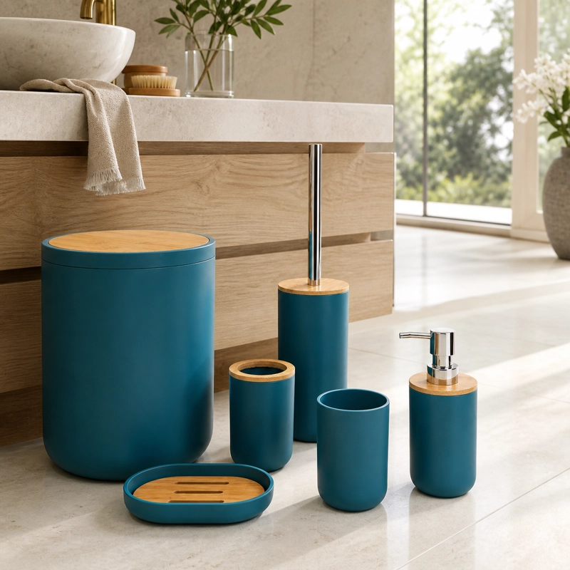 SET DE BAÑO 6 PIEZAS MODERNO CON BAMBU INCLUYE BASURERO Y DISPENSADOR COLOR GRIS - 2