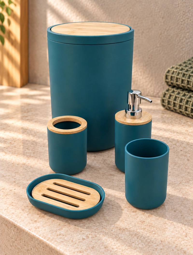 SET DE BAÑO 6 PIEZAS MODERNO CON BAMBU INCLUYE BASURERO Y DISPENSADOR COLOR GRIS - 3