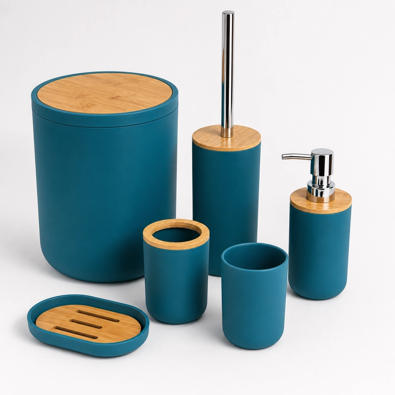 SET DE BAÑO 6 PIEZAS MODERNO CON BAMBU INCLUYE BASURERO Y DISPENSADOR COLOR GRIS - 4