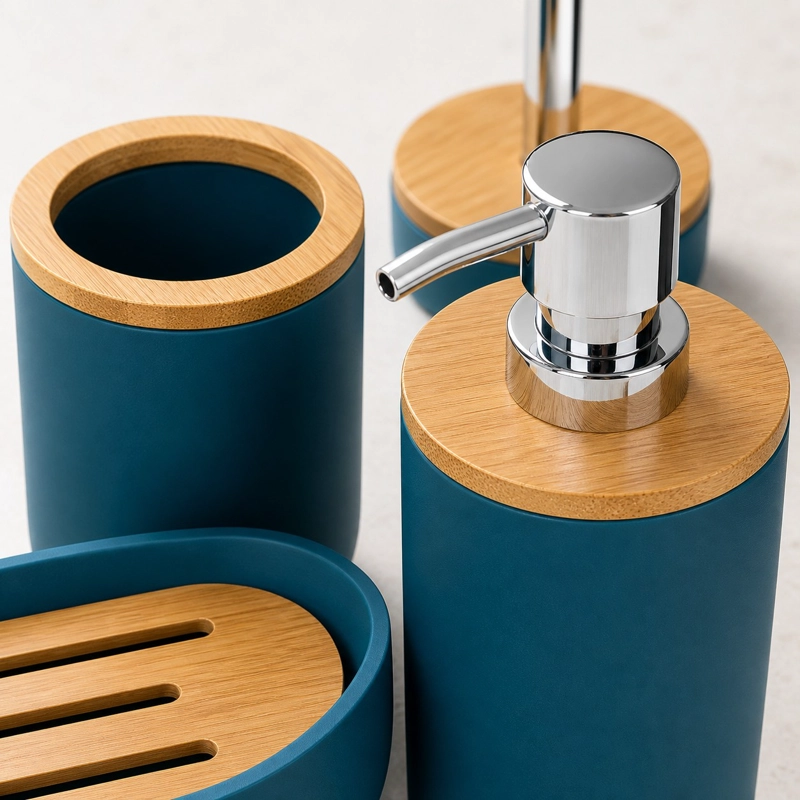 SET DE BAÑO 6 PIEZAS MODERNO CON BAMBU INCLUYE BASURERO Y DISPENSADOR COLOR GRIS - 5