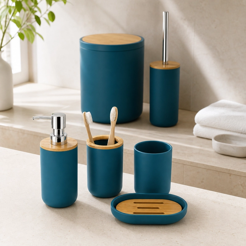 SET DE BAÑO 6 PIEZAS MODERNO CON BAMBU INCLUYE BASURERO Y DISPENSADOR COLOR GRIS - 6