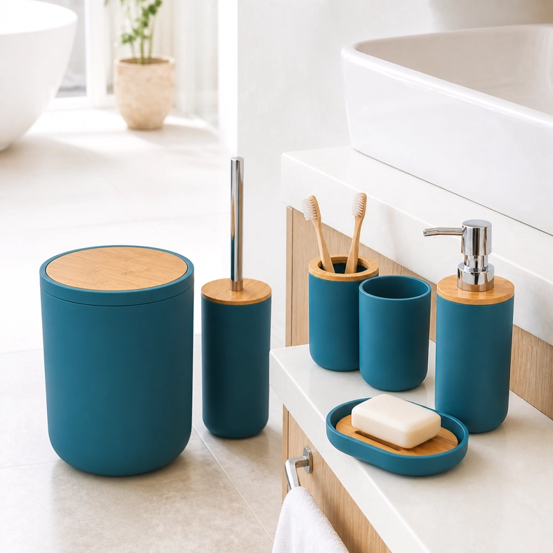 SET DE BAÑO 6 PIEZAS MODERNO CON BAMBU INCLUYE BASURERO Y DISPENSADOR COLOR GRIS - 7