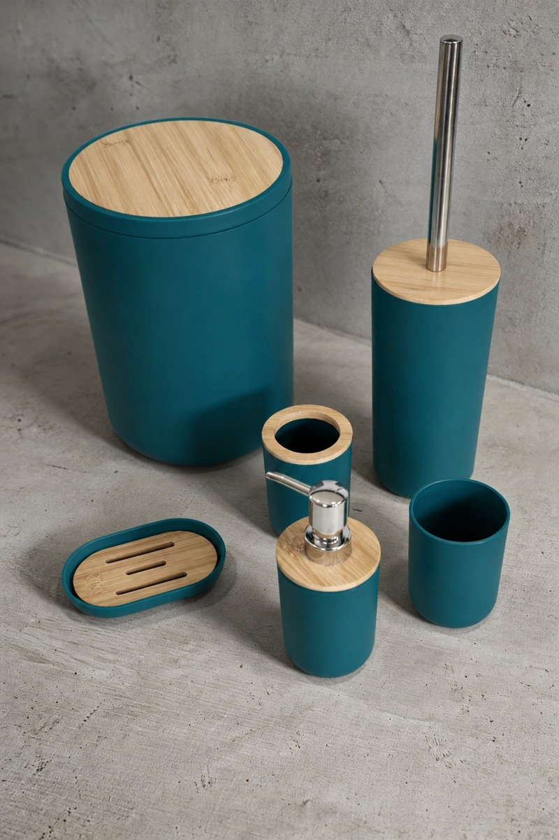 SET DE BAÑO 6 PIEZAS MODERNO CON BAMBU INCLUYE BASURERO Y DISPENSADOR COLOR GRIS - 8