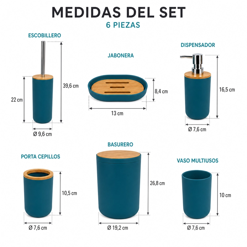 SET DE BAÑO 6 PIEZAS MODERNO CON BAMBU INCLUYE BASURERO Y DISPENSADOR COLOR GRIS - 9