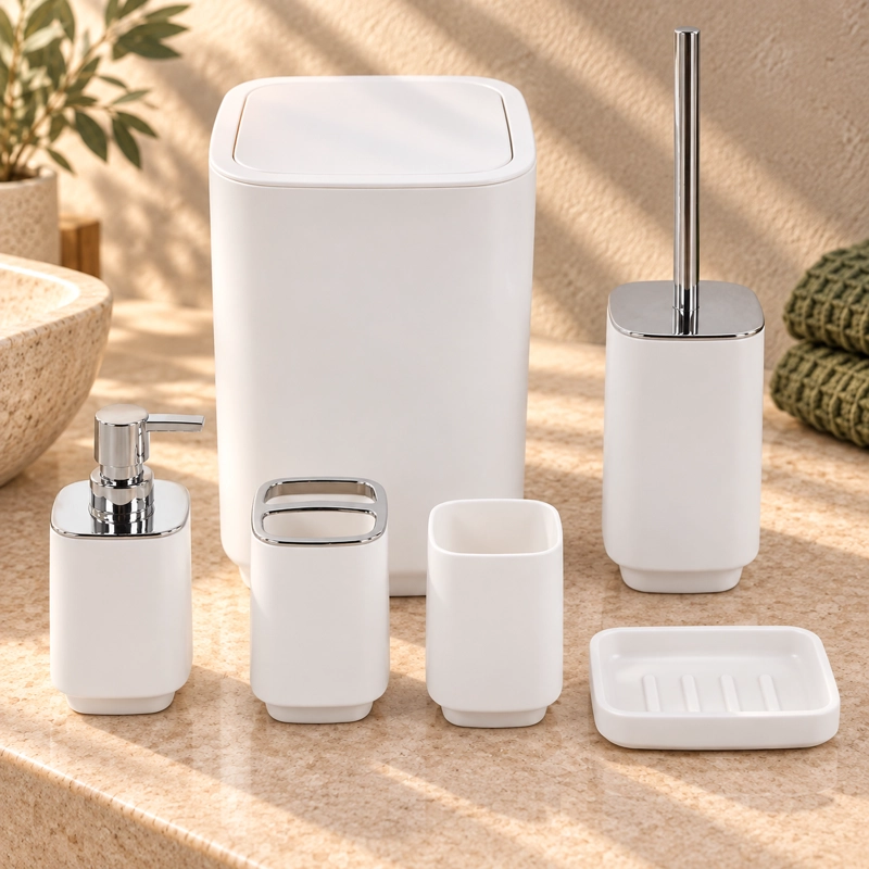 SET DE BAÑO COMPLETO 6 PIEZAS DE ABS CON BASURERO DISPENSADOR Y ESCOBILLA COLOR BLANCO - 1