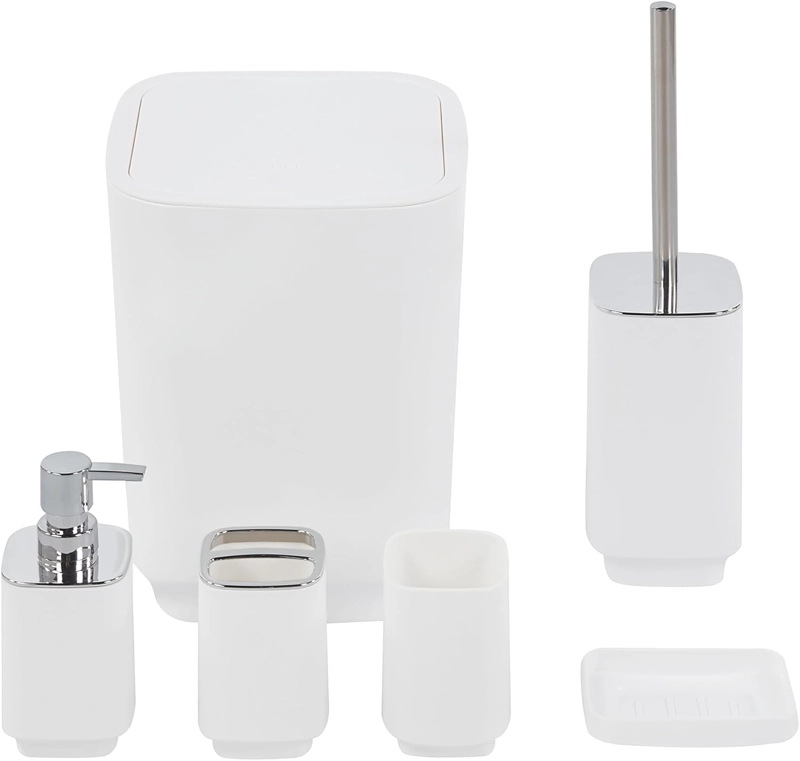 SET DE BAÑO COMPLETO 6 PIEZAS DE ABS CON BASURERO DISPENSADOR Y ESCOBILLA COLOR BLANCO - 2