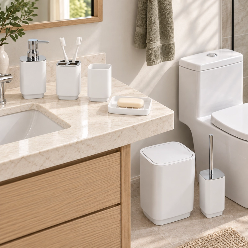 SET DE BAÑO COMPLETO 6 PIEZAS DE ABS CON BASURERO DISPENSADOR Y ESCOBILLA COLOR BLANCO - 3