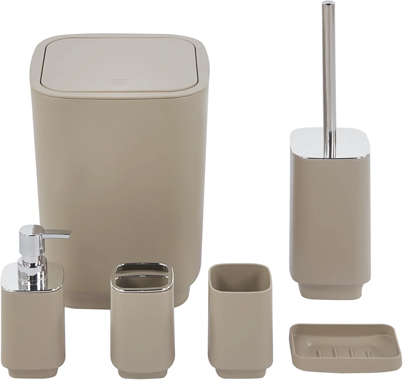 SET DE BAÑO COMPLETO 6 PIEZAS DE ABS CON BASURERO DISPENSADOR Y ESCOBILLA COLOR TAUPE - 2