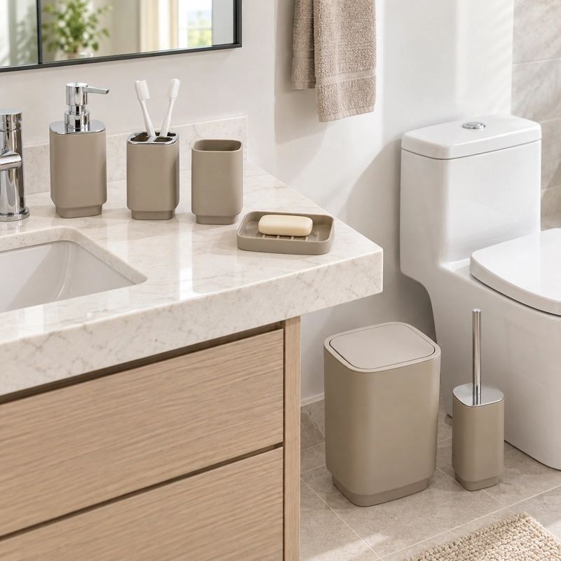 SET DE BAÑO COMPLETO 6 PIEZAS DE ABS CON BASURERO DISPENSADOR Y ESCOBILLA COLOR TAUPE - 3