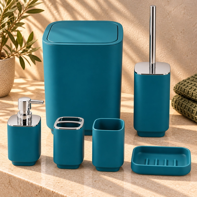 SET DE BAÑO COMPLETO 6 PIEZAS DE ABS CON BASURERO DISPENSADOR Y ESCOBILLA COLOR TURQUESA - 1