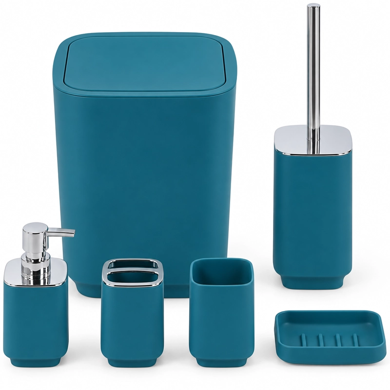 SET DE BAÑO COMPLETO 6 PIEZAS DE ABS CON BASURERO DISPENSADOR Y ESCOBILLA COLOR TURQUESA - 2