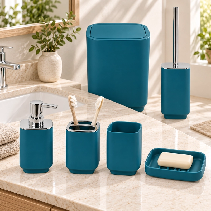 SET DE BAÑO COMPLETO 6 PIEZAS DE ABS CON BASURERO DISPENSADOR Y ESCOBILLA COLOR TURQUESA - 3