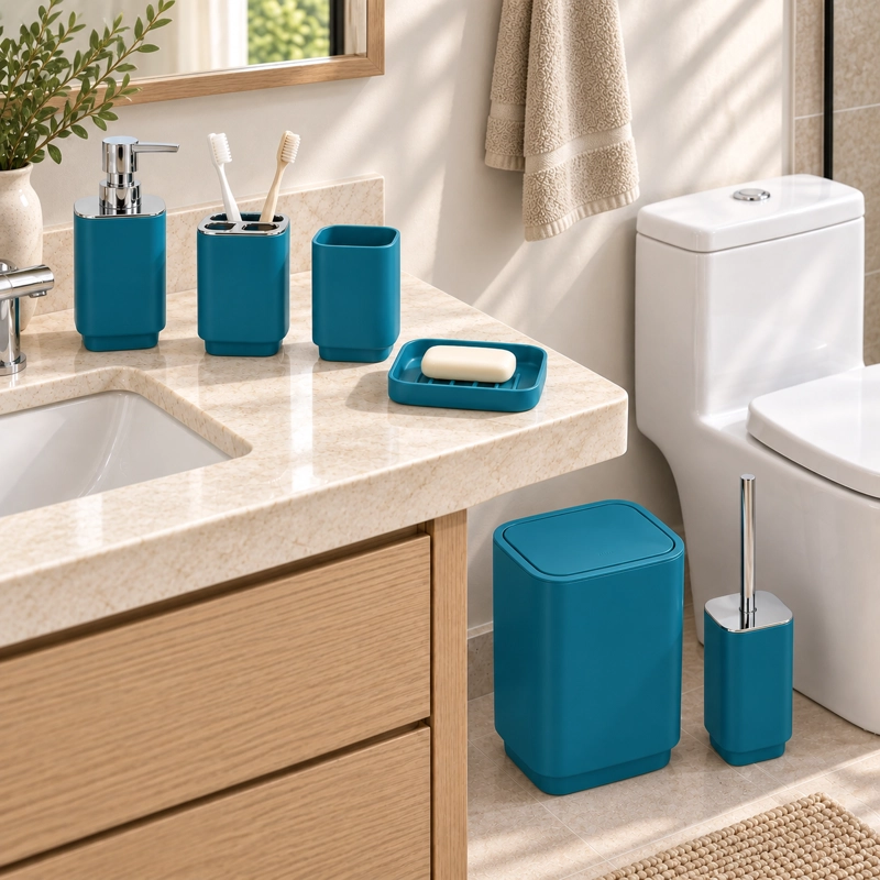 SET DE BAÑO COMPLETO 6 PIEZAS DE ABS CON BASURERO DISPENSADOR Y ESCOBILLA COLOR TURQUESA - 4