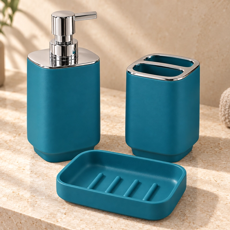 SET DE BAÑO COMPLETO 6 PIEZAS DE ABS CON BASURERO DISPENSADOR Y ESCOBILLA COLOR TURQUESA - 5
