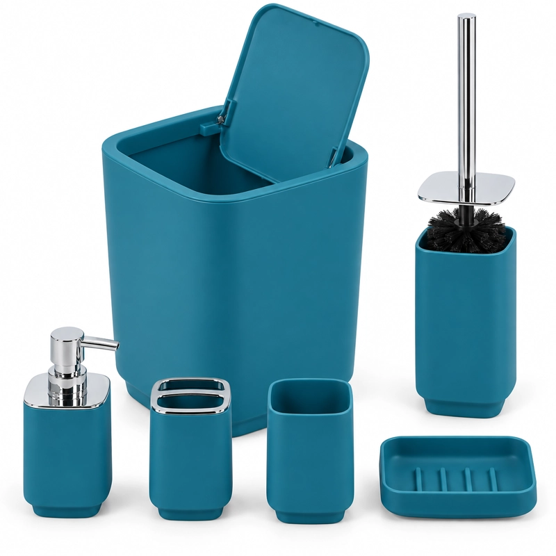 SET DE BAÑO COMPLETO 6 PIEZAS DE ABS CON BASURERO DISPENSADOR Y ESCOBILLA COLOR TURQUESA - 6