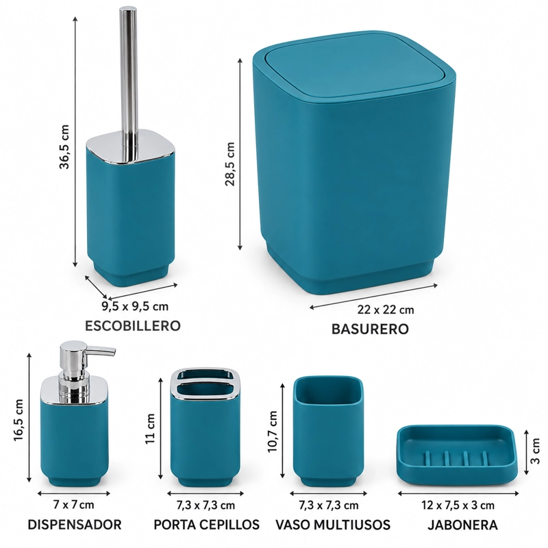SET DE BAÑO COMPLETO 6 PIEZAS DE ABS CON BASURERO DISPENSADOR Y ESCOBILLA COLOR TURQUESA - 7