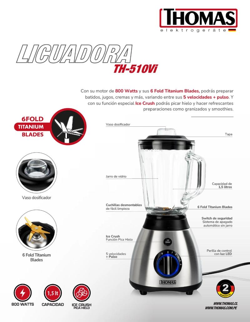 LICUADORA JUGUERA THOMAS 800W JARRO DE VIDRIO 1,5 LITROS 5 VELOCIDADES PICA HIELO GRIS - 12
