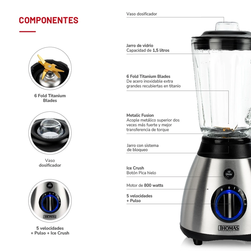 LICUADORA JUGUERA THOMAS 800W JARRO DE VIDRIO 1,5 LITROS 5 VELOCIDADES PICA HIELO GRIS - 6