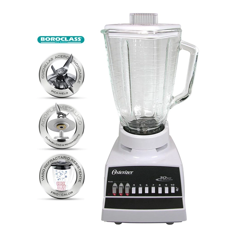 LICUADORA JUGUERA OSTER CLASICA 10 VELOCIDADES 300W JARRA VIDRIO 1,25 L PICA HIELO BLANCA - 1