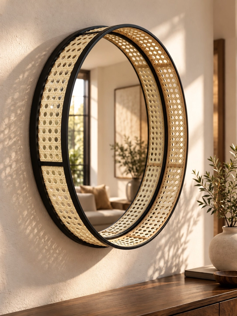 ESPEJO CIRCULAR DE PARED DECORATIVO RATAN SINTETICO Y MARCO METAL NEGRO 45 CM - 1