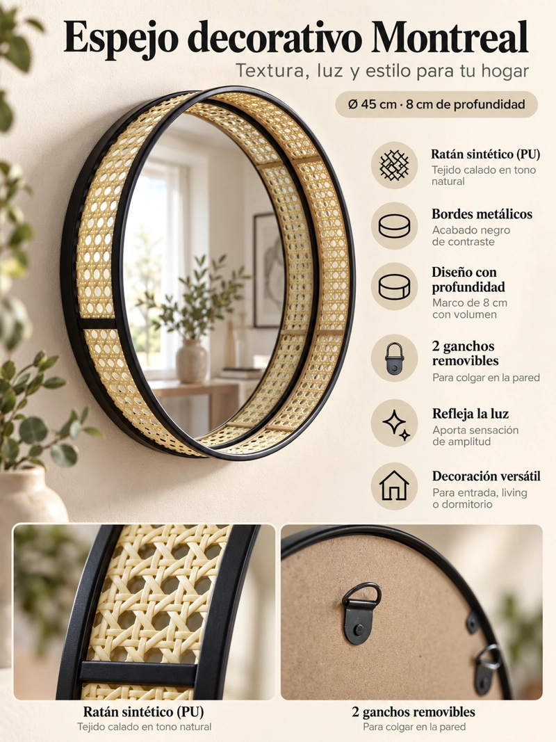 ESPEJO CIRCULAR DE PARED DECORATIVO RATAN SINTETICO Y MARCO METAL NEGRO 45 CM - 2