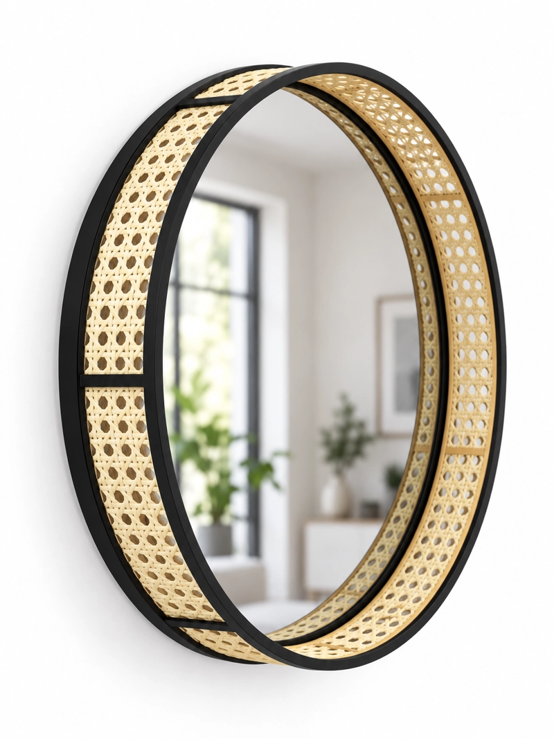 ESPEJO CIRCULAR DE PARED DECORATIVO RATAN SINTETICO Y MARCO METAL NEGRO 45 CM - 3