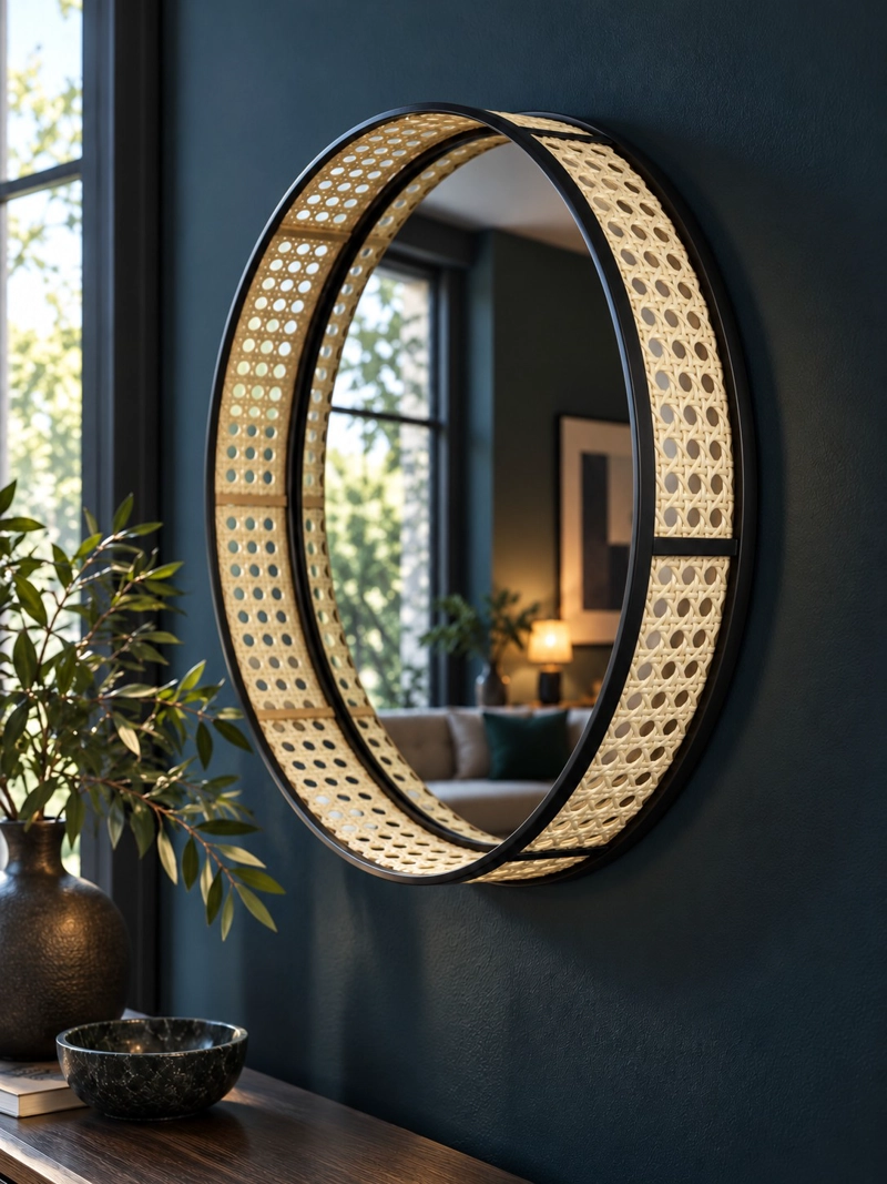 ESPEJO CIRCULAR DE PARED DECORATIVO RATAN SINTETICO Y MARCO METAL NEGRO 45 CM - 4