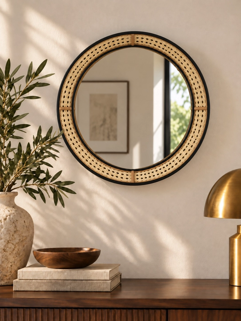 ESPEJO CIRCULAR DE PARED DECORATIVO RATAN SINTETICO Y MARCO METAL NEGRO 45 CM - 5